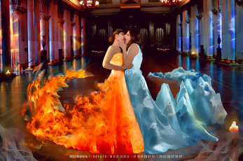 Картинка календари фэнтези пламя лед огонь девушка двое поцелуй помещение зал calendar 2020