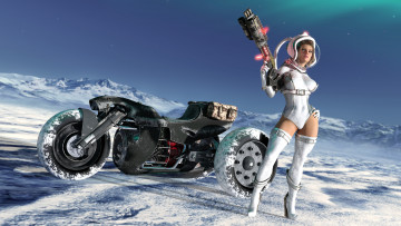 Картинка 3д+графика фантазия+ fantasy девушка фон мотоцикл униформа оружие