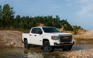 обоя 2021 gmc canyon at4 crew cab, автомобили, gm-gmc, 2021, gmc, canyon, at4, crew, cab, вид, спереди, экстерьер, новый, белый, американские, пикап