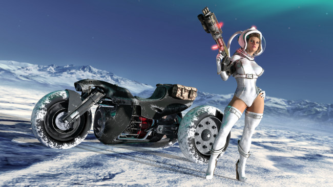 Обои картинки фото 3д графика, фантазия , fantasy, девушка, фон, мотоцикл, униформа, оружие