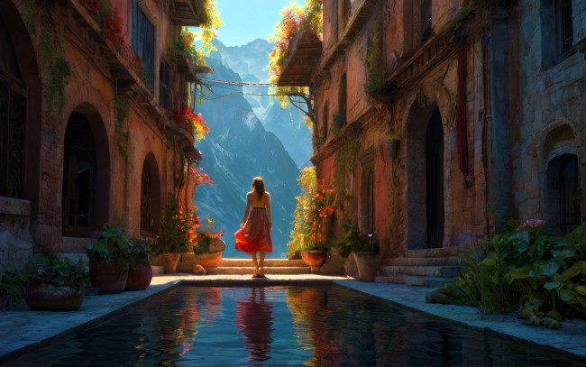 Обои картинки фото рисованное, люди, девушка, дома, горы, бассейн