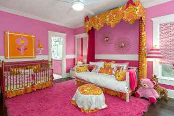 обоя интерьер, детская, комната, диван, розовый, игрушки, кроватка
