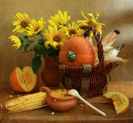 Обои картинки фото еда, натюрморт, дары, осени, тыква, цветы