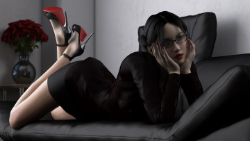 Картинка 3д+графика people+ люди девушка диван очки взгляд