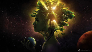 Картинка фэнтези существа звезды планеты дерево лицо