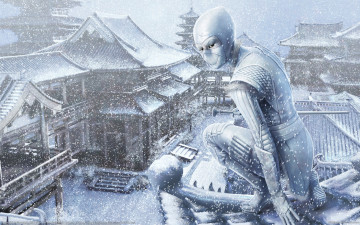 Картинка steve+argyle фэнтези девушки девушка steve argyle снег зима крыша дома улица город ниндзя