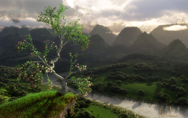 Обои картинки фото 3д графика, nature, landscape , природа, вершины, дерево, река, облака