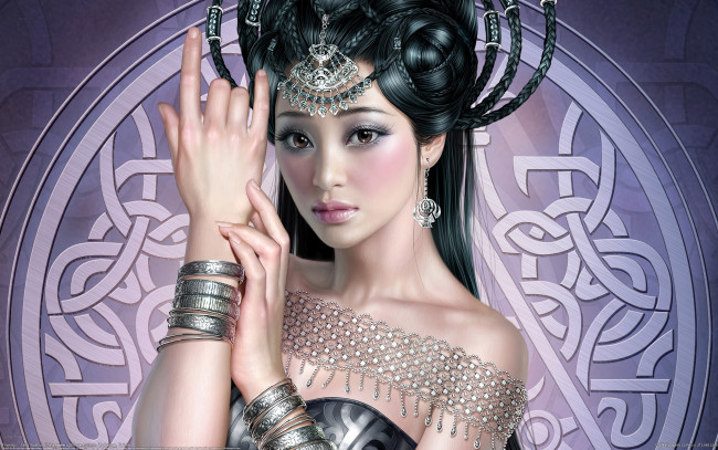 Обои картинки фото tang yuehui, фэнтези, девушки, tang, yuehui, украшения, азиатка, девушка, браслеты, руки