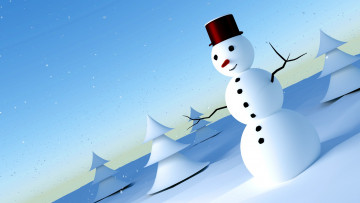 обоя праздничные, 3д графика , новый год, снеговик, ели, снежинки, снег