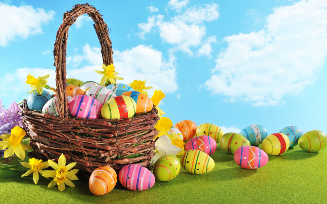Обои картинки фото праздничные, пасха, easter, eggs, flowers, spring, яйца, цветы, корзина