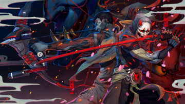 Картинка видео+игры overwatch лук genji маска оружие hanzo арт парень стрелы лепестки катана squidsmith сакура