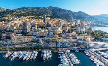 обоя города, монако , монако, порт, панорама, горы, город, море, яхты, причал