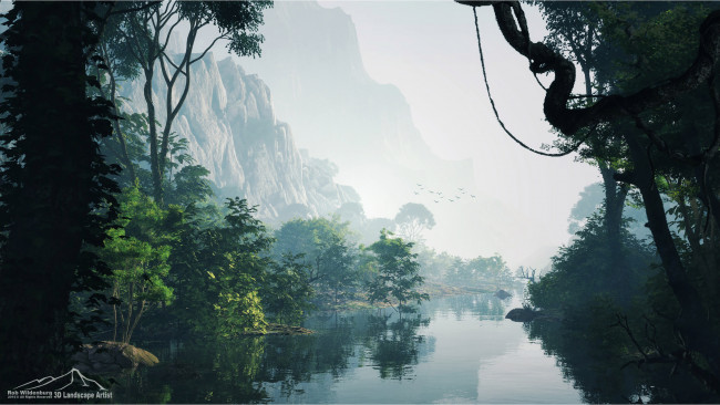 Обои картинки фото 3д графика, природа , nature, река, горы, лес