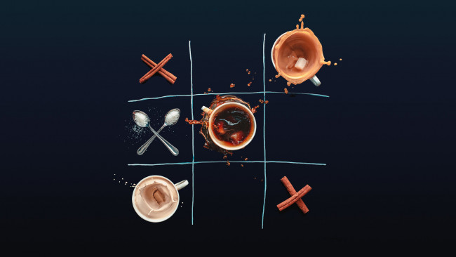 Обои картинки фото еда, кофе,  кофейные зёрна, сахар, корица, крестики, dina, belenko, ложки, нолики, чашки