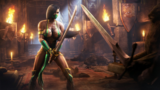 Обои картинки фото видео игры, mortal kombat x, маска, девушка, униформа, меч, фон, взгляд
