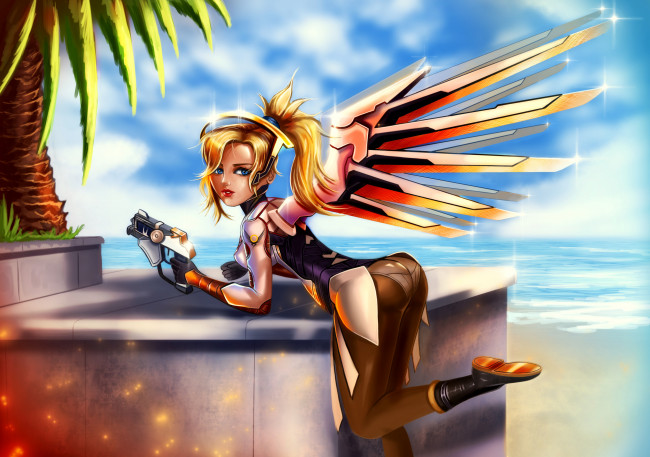 Обои картинки фото видео игры, overwatch, пистолет, крылья, униформа, взгляд, фон, девушка