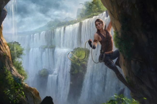 Обои картинки фото рисованное, люди, скала, водопад, фон, девушка