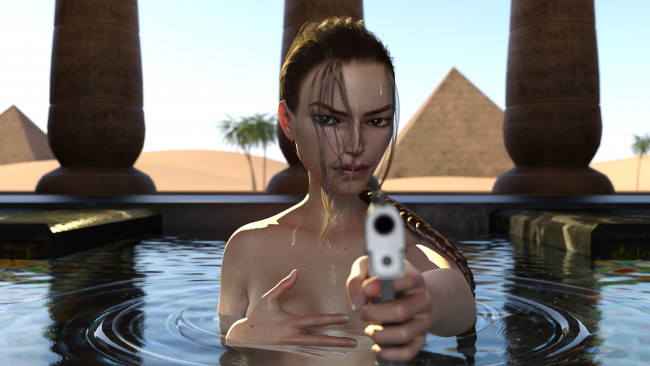 Обои картинки фото видео игры, tomb raider , other, девушка, фон, взгляд, бассейн, пистолет
