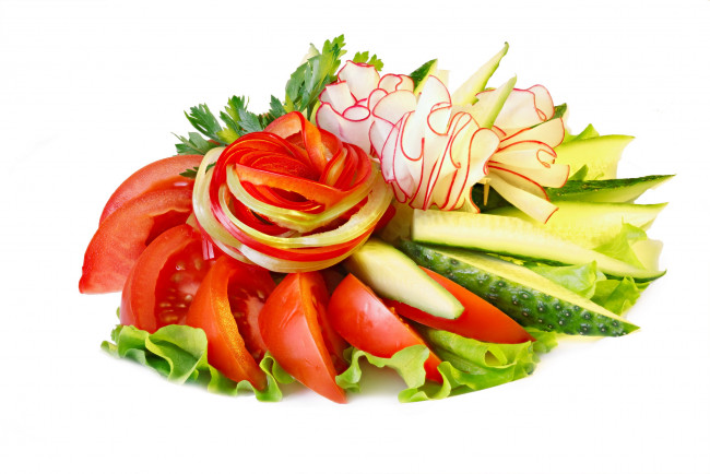 Обои картинки фото еда, овощи, зеленый, салат, помидоры, перец, редис, огурец