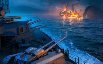 Картинка видео+игры world+of+warships море корабли выстрел пушки кракен щупальца огонь