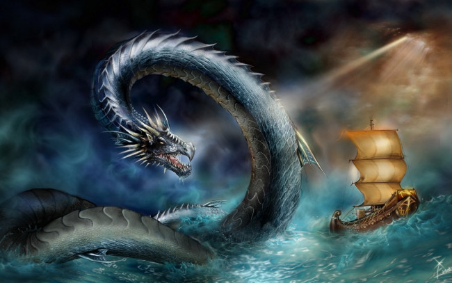 Обои картинки фото фэнтези, существа, корабль, морской, змей, парусник, море