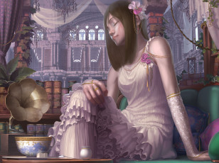 Картинка фэнтези девушки девушка книги посуда граммофон дворец