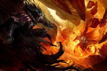 Картинка фэнтези демоны демон воин сражение огонь пламя скалы