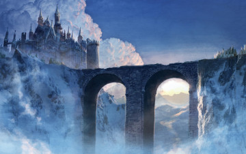 Картинка фэнтези замки скалы замок горы мост зима