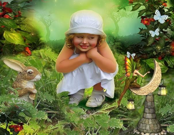 Обои картинки фото фэнтези, фотоарт, кролик, фея, лес, девочка