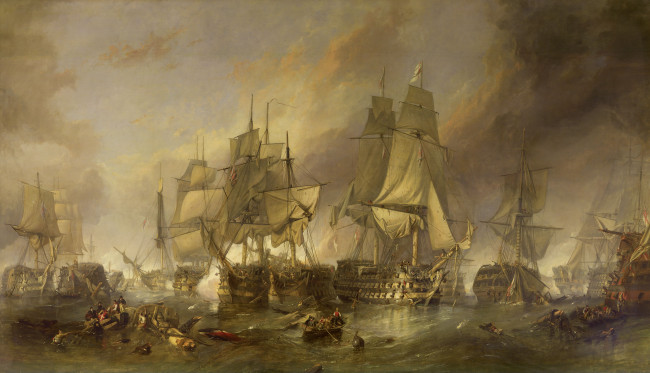 Обои картинки фото william clarkson stanfield, рисованные, живопись, the, battle, of, trafalgar, william, clarkson, stanfield, парусные, корабли