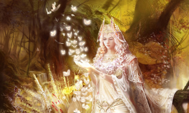 Обои картинки фото видео игры, legend of the cryptids, травы, цветы, лес, сияние, бабочки, арт, девушка