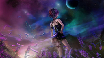 Картинка фэнтези девушки взгляд фон девушка небо планета звезды горы ночь цветы лепестки