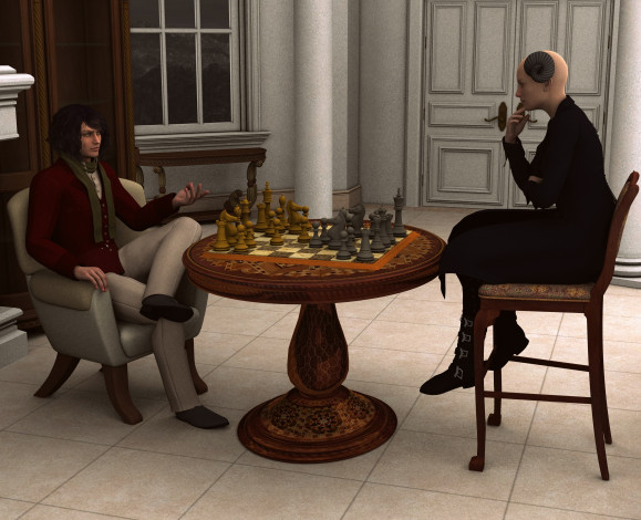 Обои картинки фото 3д графика, фантазия , fantasy, взгляд, девушка, стол, стулья, шахматы, фон, мужчина