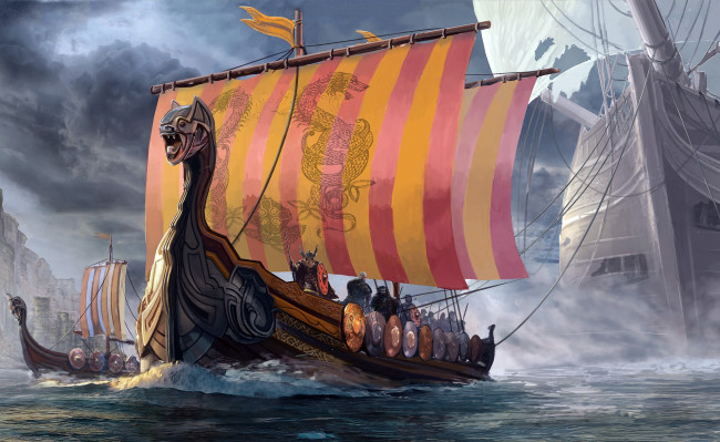 Обои картинки фото фэнтези, корабли, небо, волны, море, драккар, корабль-дракон, викинги, мореходы