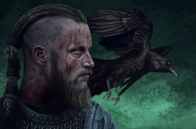 Обои картинки фото рисованное, кино, голова, ragnar, lothbrok, воин, ворон, viking, raven