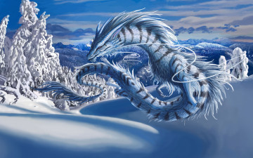 обоя фэнтези, драконы, дракон, белый, снег, чудовище