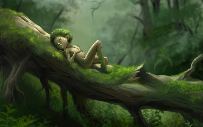 Обои картинки фото фэнтези, эльфы, бревно, спит, лес, леший, человечек, существо