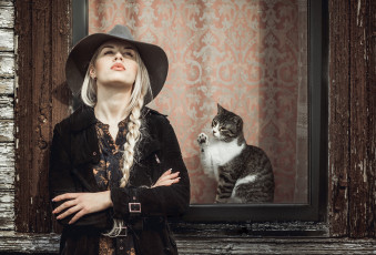Картинка девушки -unsort+ блондинки окно коса шляпа кот девушка