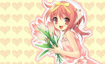 обоя аниме, nanatsuiro drops, тюльпаны, букет, цветы, девушка