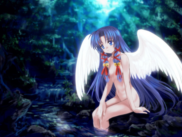 Обои картинки фото аниме, air, девушка, ангел, берег, крылья, ручей
