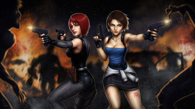 Обои картинки фото видео игры, dino crisis 3, пистолет, фон, униформа, девушки