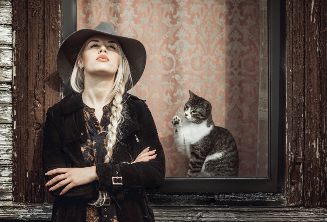 Обои картинки фото девушки, -unsort , блондинки, окно, коса, шляпа, кот, девушка