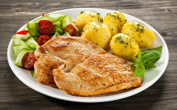 Картинка еда мясные+блюда картофель отбивная мясо базилик салат