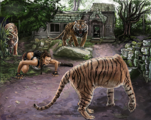 Обои картинки фото видео игры, tomb raider , other, фон, девушка, тигры