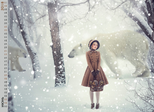 Обои картинки фото календари, компьютерный дизайн, девушка, снег, клетка, деревья, медведь
