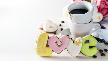 Картинка праздничные день+святого+валентина +сердечки +любовь надпись печенье кофе