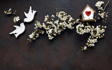 Картинка праздничные день+святого+валентина +сердечки +любовь ветки цветущие голуби гнездо