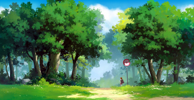 Обои картинки фото аниме, unknown,  другое , лес, тропа, девочка, знак