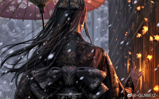 Обои картинки фото фэнтези, _guweiz, девушка, зонт, искры, кимоно