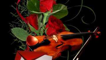обоя музыка, -музыкальные инструменты, скрипка, смычок, розы
